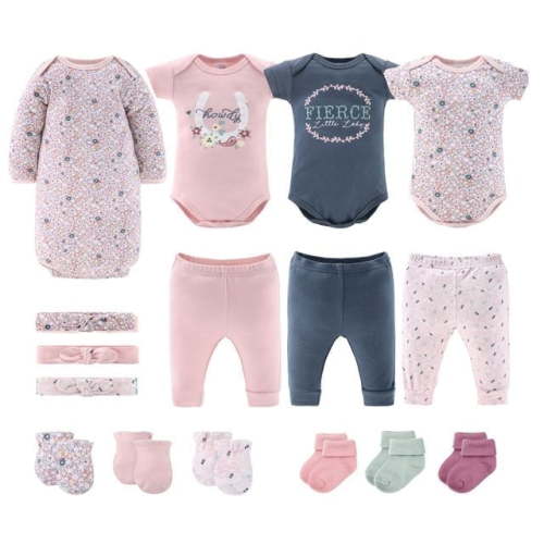 Peanutshell Newborn Baby Shower Accessories Bundle, Blue Pink Floral Clothes Set, 16 Essential Pieces, 0-3 Months