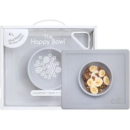 ezpz Happy Bowl - 24 Months + (Pewter) - 100% Silicone Suction Bowl with Built-in Placemat – Dishwasher Safe