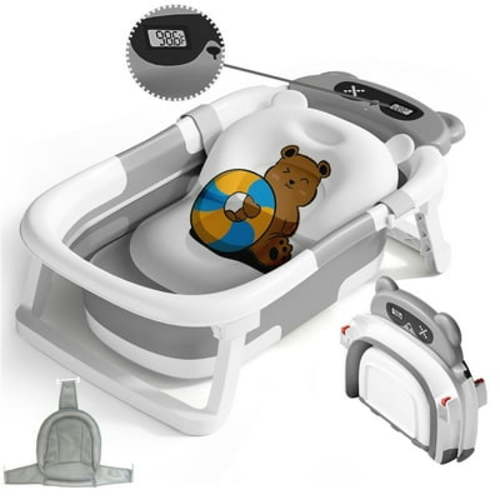 stusgo Collapsible Baby Bathtub,baby Bath Tub with Soft Cushion & Thermometer(Grey)