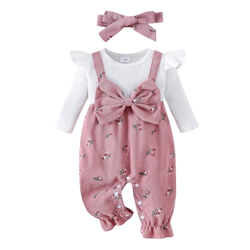 PUHHAPIEY Newborn Baby Girl Fall Clothes Corduroy Floral Bow Onesie Jumpsuits Ruffle Long Sleeve Outfit Infant Cute Romper