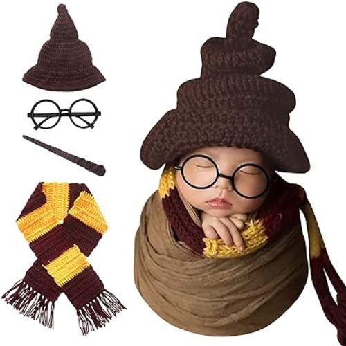 Newborn Photography Props Halloween Wizard Witch Hat Scarf Wand Glasses Frame 4 PCS Set Crochet Baby Photo Prop Halloween Baby Photoshoot Props Halloween Magic Party Cosplay Set
