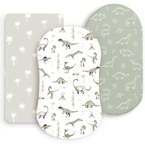 Stretchy Ultra Soft Fitted Bassinet Sheet Set 3 Pack, Universal Fit for Bassinets Baby Cradle Moses Basket Oval Rectangle Mattress Safe and Snug, Dinosaur World