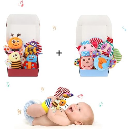 Infant Rattle Socks Toys 0 to 12 Months, Baby Wrist Rattle Foot Finder Socks Set, Birthday Holiday Present for Newborn Boy Girl 0/3/4/6/7/8/9/12/18 Months Kids Toddler, Gift Box Package