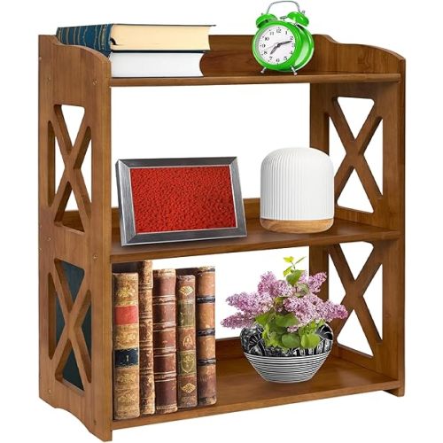 Brown Bookcase by Natural Wood, 4 Tier Bookshelf, Small Book Shelves Freestanding Display Storage Shelves. Open Bookshelf for Bedroom, Living Room and Office (Brown, 3 Tier)