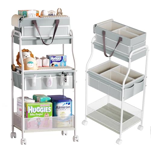 2 In1 Baby Diaper Caddy Organizer & Storage Cart, 3-Tier Rolling Diaper Organizers with Divider and 12 Pocket，Nursery Bedside Caddy Utility Cart for Baby Clothes & Dresser Baby Bottle -Baby Essential