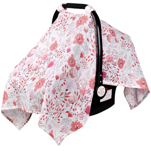 Rquite Muslin Car Seat Cover Baby, Carseat Covers Baby Girl Boy, Breathable Lightweight Infant Car Seat Cover, Baby Carrier Cover Car Seat Canopy Stroller Sun Shade for Summer & Hot Day, Universal Fit