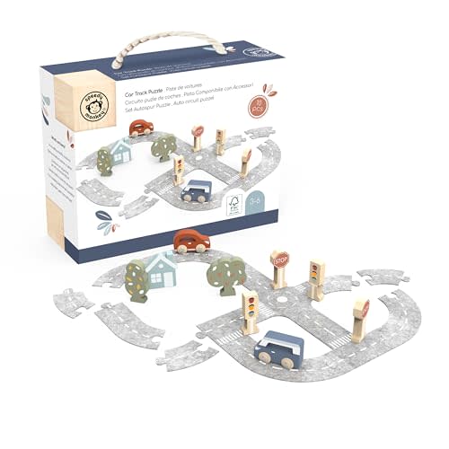 Speedy Monkey Wooden Car Track Set – Road Puzzle Toy with Interlocking Track Pieces and Toy Car Play for Boys & Girls – FSC® Certified Fun Wheels Route Puzzle Game for Toddlers, Kids