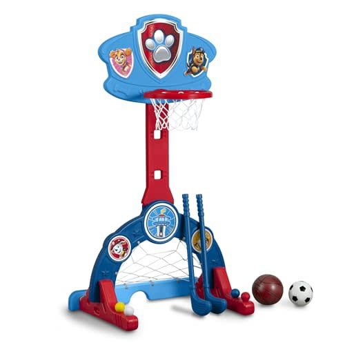 Delta Children PAW Patrol 4-in-1 Sports Center – Adjustable Easy Score Basketball Hoop, Soccer/Hockey Net and Golf Game, Blue