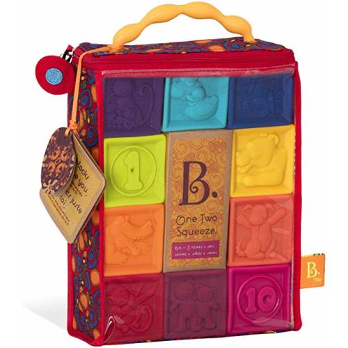 B. toys – One Two Squeeze Baby Blocks - Building Blocks for Toddlers – Educational Baby Toys 6 Months & Up with Numbers, Shapes, Animals & Textures – 10 Soft & Colorful Stacking Blocks