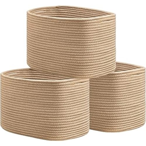 UBBCARE 3-Pack Woven Rope Shelf Baskets - 15x10x9in Decorative Storage Basket for Toys, Kids Playroom, Closet Organization & Cube Storage Organizer | Gift Basket Empty, Brown