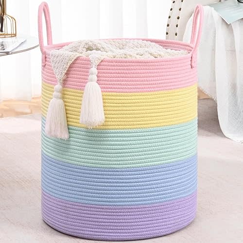 Rainbow Storage Basket for Organizing, 15"×18" Large Tall Laundry Baskets, Cotton Rope Woven Blanket Basket, Toy Storage for Kids, Collapsible Laundry Hamper for Living Room, Nursery Room