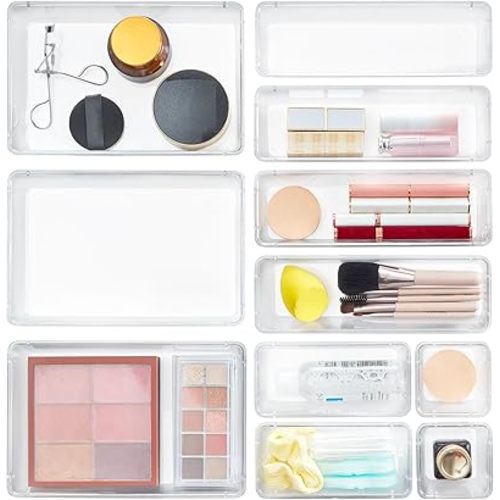 Lifewit 11 PCS Drawer Organizer Set Clear Plastic Desk Drawer Dividers Trays Dresser Storage Bins Separation Box for Makeup, Jewelries and Gadgets, Bedroom, Bathroom, Office