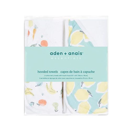 aden + anais Essentials Hooded Baby Bath Towel, Super Soft 100% Cotton, 2 Pack, Farm to Table