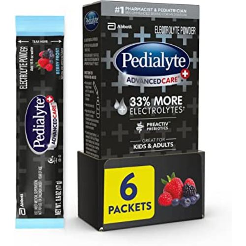 Pedialyte AdvancedCare Plus Electrolyte Powder, Has 33% More Electrolytes and PreActiv Prebiotics, Berry Frost, 6 Powder Packets