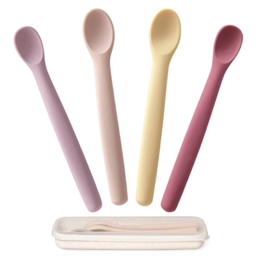 Moonkie Silicone Baby Spoons Set of 4, Two Sizes Feeding Spoon for First Stage 4+ Months, Baby Utensils with Case, Toddler Led Weaning Spoons, Bendable, Chewproof & Boil-proof