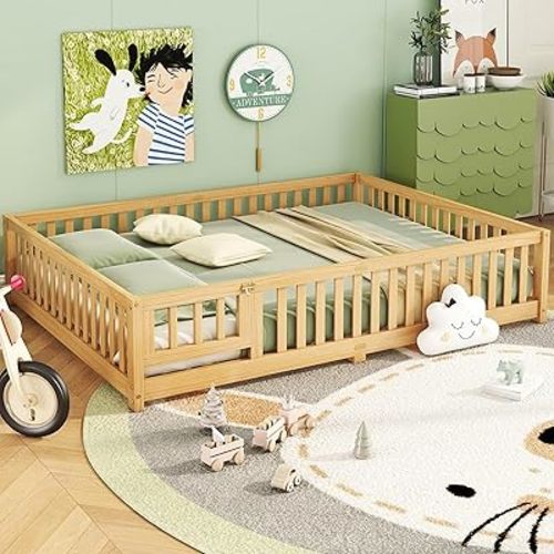 Queen Floor Bed with Slats and Center Support Bar, Wood Montessori Floor Bed with Fence and Door, Kids Montessori Bed Queen Size, Montessori Floor Bed for Kids, Girls, Boys(Queen Natural)