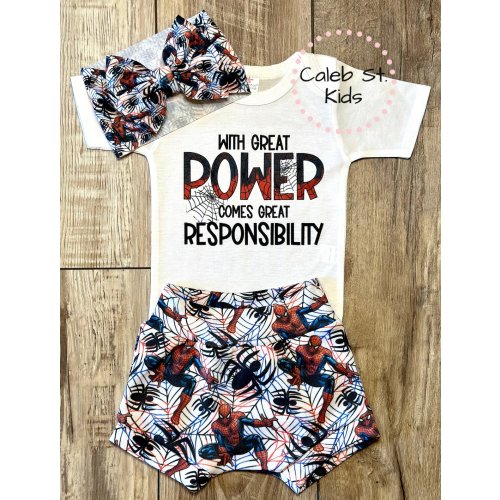 With Great Power Spiderman Baby or Toddler Set / Baby Bummies Biker Shorts / Spiderman Baby Outfit