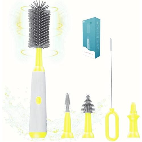 Electric Bottle Brush Set, 360°Automatic Bottle Cleaner Brush with 3 Sizes Replaceable Silicone Bottle Brush and Straw Cleaner Brush,Extension Handle for Long Bottles.IPX65& Rechargeable (Yellow)