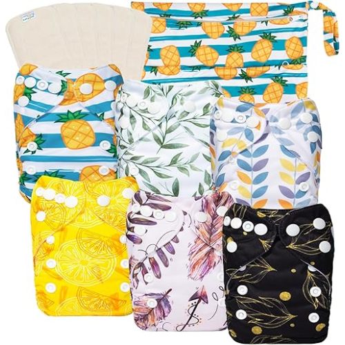babygoal Newborn Cloth Diapers Pack of 13 for 5-12lbs Preemie Boy, Cloth Diaper Covers 6 Pack with 6pcs Inserts and Wet Bag, Reusable Washable & Waterproof