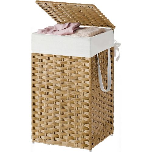 SONGMICS HOME Laundry Hamper with Lid, Clothes Basket with Removable Liner and Handles, 17.2 Gallon, Foldable Narrow Laundry Organizer for Bathroom, Bedroom, Light Brown