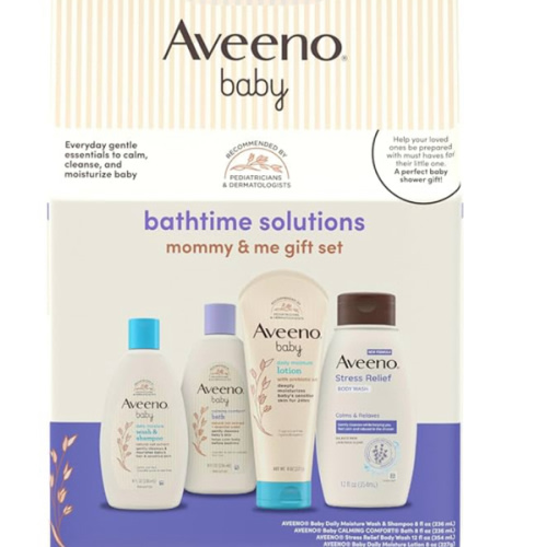 Aveeno Baby Bathtime Solutions Mommy & Me Gift Set, Baby Wash & Shampoo, Calming Bath, Daily Moisturizing Lotion & Stress Relief Body Wash for Mom, Nourishing Oat, Registry Must Haves, 4 items