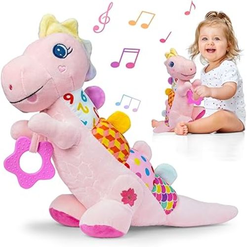 Baby Dino Plush Soft Stuffed Animal Toy for 0-3-6-12+ Months,Infant Musical Toy with Rattle,Squeaker,Sensory Crinkle,Teether & Textures,Tummy Time Toys Christmas Baby Gift for Newborn Girl(Pink)