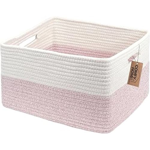 COMFY-HOMI Cotton Rope Woven Basket with Handles for Shelves,Toys,Book, Cloth Storage Baskets for Organizing-17" x 13" x 7.5" Toy Decorative Organizer for Living Room, Bathroom （white/pink）