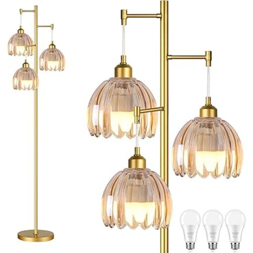 Gold Floor Lamps for Living Room Bedroom-3 Light Glass Floor Lamp with Three Led Bulb, Rustic Tall Floor Lamp Gold Standing Lamp Tree Floor Lamps for Living Room Bedroom,Office,Corner