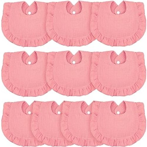 Seematn 10 Pcs Baby Muslin Bibs Drool Bibs Bandana Ruffle Soft Cotton for Newborn Baby Infants Girl Teething Toddlers Boy(Pink)
