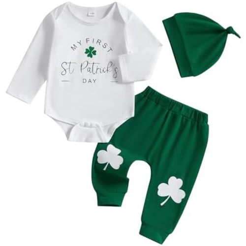 My First St Patrick's Day Baby Boy Outfit Newborn Letters Long Sleeve Romper Clover Print Pants Hat 3 Piece Clothes