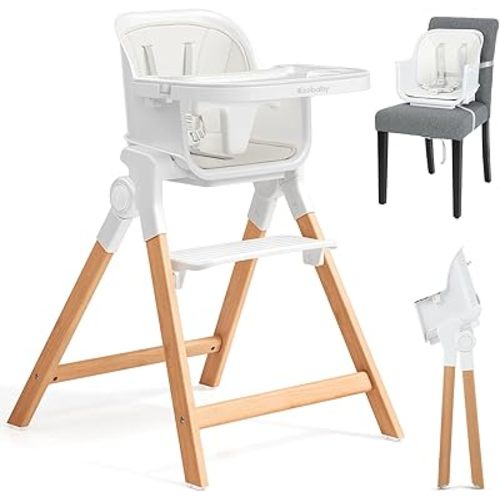 Ezebaby Folding Wooden High Chairs, 3-in-1 Convertible Baby High Chair, Dining Booster Seat, Toddler Chair, Easy Clean High Chairs for Babies and Toddlers with Large Adjustable Tray- Solid White