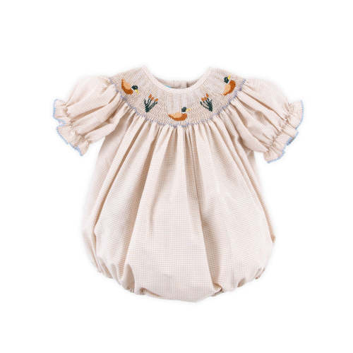 Mallard Smocked Tan Gingham Bishop Bubble – Classic Whimsy