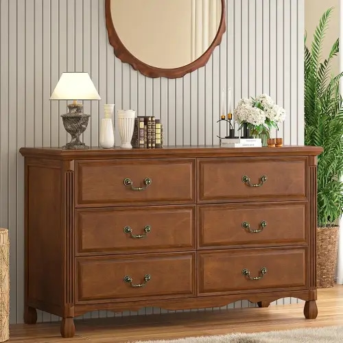 TVU Classic 6 Drawer Dresser for Bedroom, Solid White Dressers & Chest of Drawers with Wide Storage Cabinet (Caramel)
