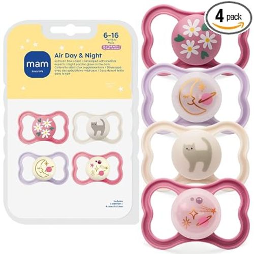 MAM Air Night & Day Baby Pacifier, for Sensitive Skin, Glows in The Dark, 6-16 Months, Girl, 4 Count