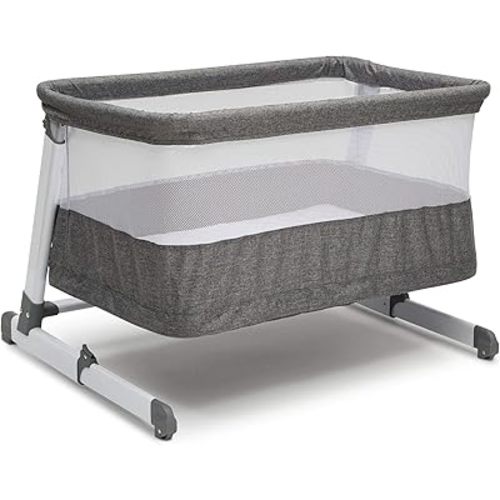 Simmons Kids Room2Grow 2-in-1 Newborn Bedside Bassinet & Infant Sleeper - Height Adjustable Portable Crib with Wheels & Airflow Mesh, Grey Tweed