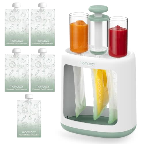 Momcozy Baby Food Maker for Puree Food Storage, Precise Capacity Squeeze Station, Save Time & Efficient, No Food Splashing, Baby Essentials, with 5pcs Reusable Portable Food Storage Bags for Outdoor