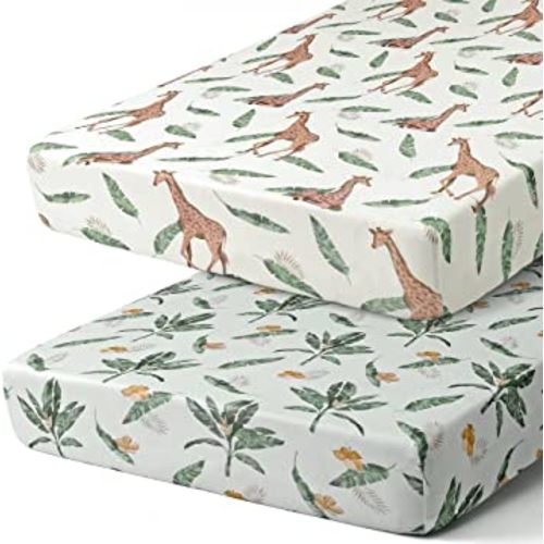 Pack n Play Sheets, BROLEX 2 Pack Mini Crib Sheets,Stretchy Portable Fitted Playard Sheet Set, Convertible Playard Mattress Cover,Ultra Soft Breathable Material,Giraffe Leaf