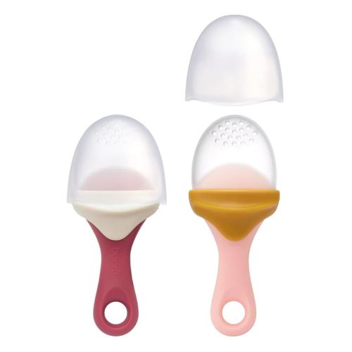 Boon Pulp Silicone Baby Fruit Feeder - Soft Silicone Baby Feeding Set - Fruit and Vegetable Baby Led Weaning Supplies - Baby Feeding Essentials - Orange/Mauve and White/Mauve- 2 Count