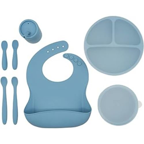 WeeSprout Baby Led Weaning Bundle, Silicone Suction Bowl, Spoons, Bib & Cup, Develops Self Feeding Skills, Dishwasher Safe (Blue)