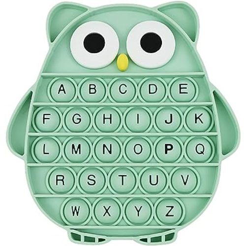 Push Pop Bubble Fidget Sensory Toy, Silicone Stress Relief Popping Toy, ABC Alphabet Owl Shaped Educational Learning Tools for Toddlers Kids Students (Black Letters-Green)
