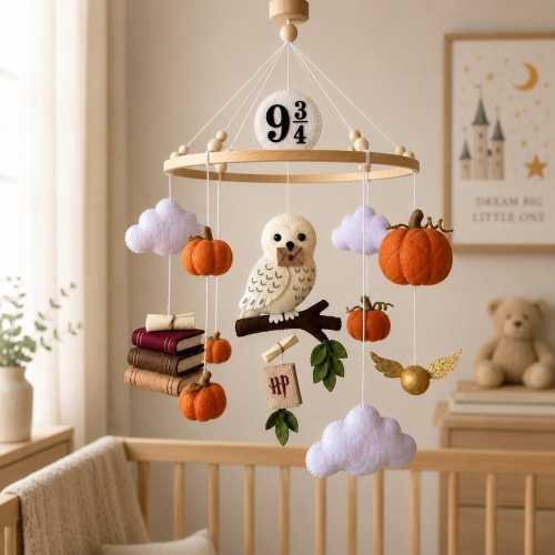 Wizard Snow Owl Baby Mobile, Felt Magic Crib Mobile, Pumpkin Book Nursery Decor, Baby Shower Gift
