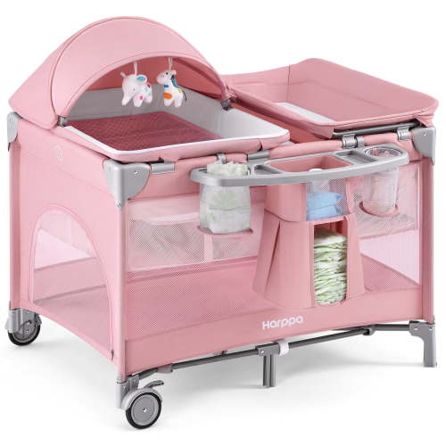 HARPPA 6-in-1 Baby Playard with Bassinet, Changing Table & Storage, Portable Travel Playard for Newborn,Pink