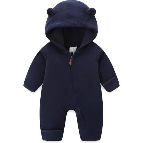 Newborn Baby Bear Onesie Winter Snowsuit With Fold-over Mittens & Footies Zip Up Baby Fleece Jumpsuit 0-18M