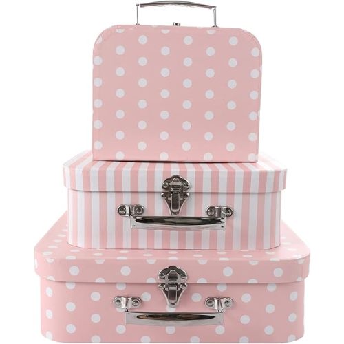 Set of 3 Paperboard Suitcases Storage Box Storage for Photo Storage Home Decoration, Wedding, Birthday, Anniversary and New Year Gift Decoration (3Pcs, Pink Dots and Stripes)