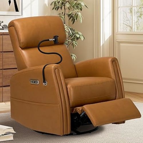 COLAMY Electric Power Swivel Recliner Chair, PU Leather Rocking Chair, 270° Swivel 145° Recliner Chair with Built-in Charging Ports for Living Room, Home, CognacBrown