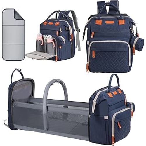 Baby Diaper Bag Backpack, with Diaper Changing Station, Multi-functional Travel Diaper Waterproof Backpack, for Baby Boys and Girls, Folding Portable Nappy Changing Mat and Sun Canopy(Large Blue)
