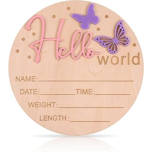 Baby Announcement Sign, 5.9 Inch Wooden Hello World Newborn Welcome Sign Birth Baby Boys Girls Name Plaques for Hospital Nursery Gift Photo Props (Butterfly)