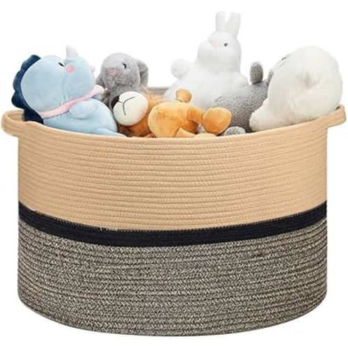 Ravinte Large Storage - 22"x 22"x 14" Blanket Basket for Living Room, Baby Toy Storage, Cotton Rope Woven Laundry Basket (Brown-Black-Light Black)