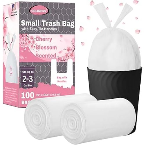 2.6 Gallon Scented Trash Bags with Handles (100 Bags) Small Bathroom Garbage Bags Wastebasket Can Liners for Home Office Bins (Cherry Blossom, 100 ct.)