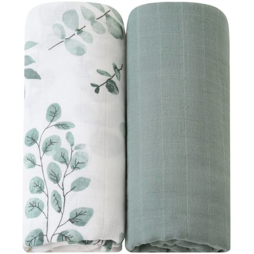 LifeTree Muslin Swaddle Blankets, 2 Pack Baby Swaddling Receiving Blanket for Boys & Girls, 70% Viscose from Bamboo & 30% Cotton, Large 47" X 47" Eucalyptus Leaves/Sage